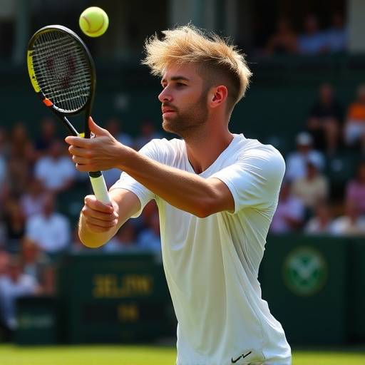 Foto di Jannik Sinner che serve durante una partita di tennis a Wimbledon.