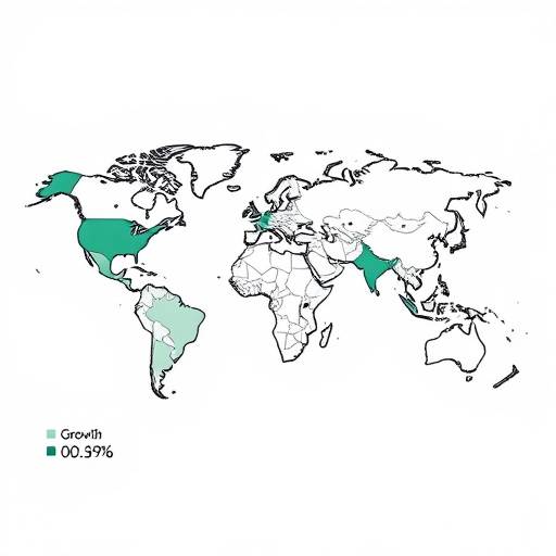 Mappa del mondo stilizzata che mostra le diverse percentuali di crescita economica previste per ogni regione.