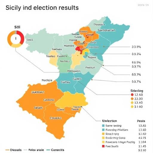 Mappa della Sicilia con evidenziati i risultati delle elezioni regionali